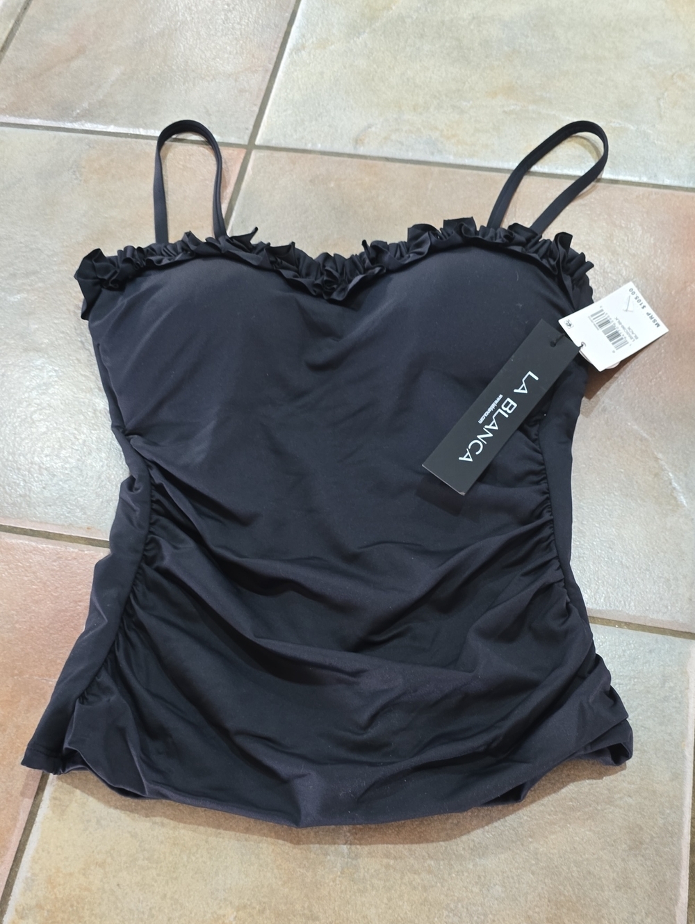 La Blanca Black Ruffle-Trim Womens Tankini Top Sz 6 Nwt